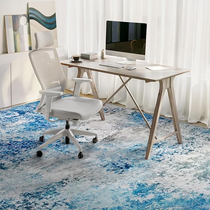 6x9 Area Rugs Living Room Rug - Washable Neutral Modern Abstract Large No Slip Soft Thin Rug Indoor Floor Carpet for Bedroom Under Dining Table Home Office Nursery Room - Blue White