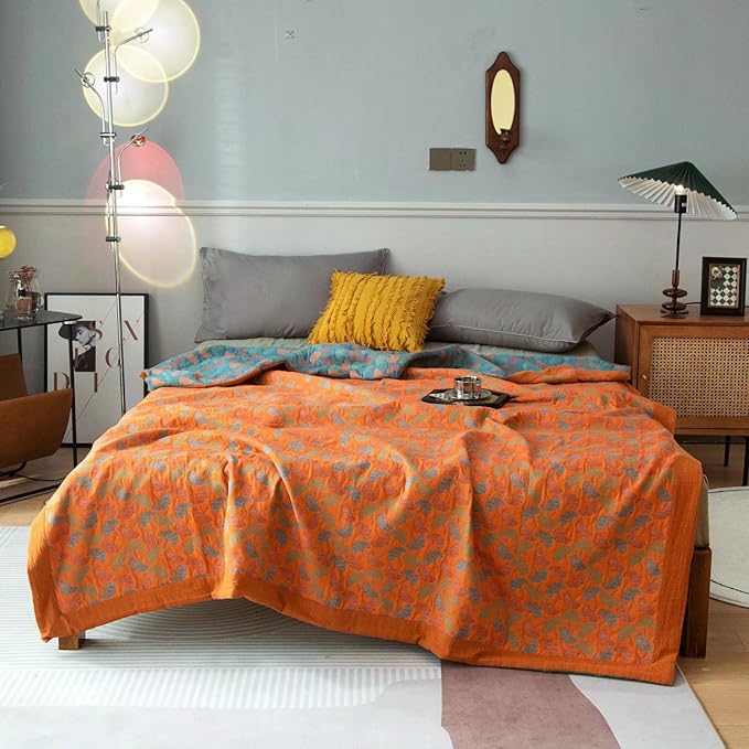 100% Cotton Muslin Blanket Jacquard Floral Ginkgo Leaves Quilt, Soft Bed Cover 3 Layers Reversible Bedspread Coverlet Breathable Lightweight Bedding Full/Queen(78"x94"), No Pillow Sham
