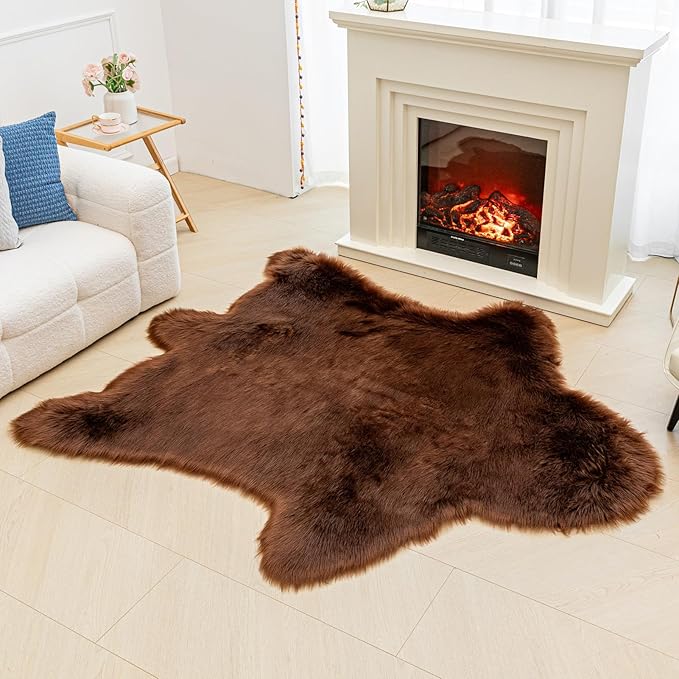 Brown Bear Rug Faux Cowhide Rug Animal Print Area Rug Faux Sheepskin Fur Carpet Decor for Living Room Brown 5.1x6.1 Feet