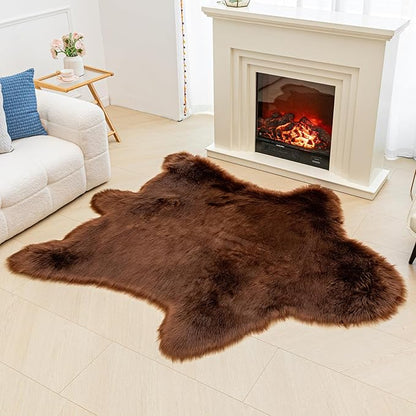 Brown Bear Rug Faux Cowhide Rug Animal Print Area Rug Faux Sheepskin Fur Carpet Decor for Living Room Brown 5.1x6.1 Feet
