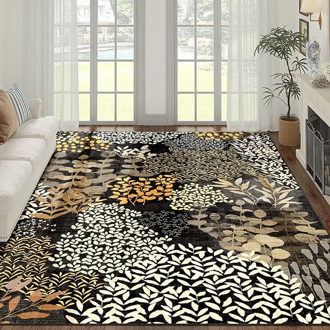 DEXDE 8x10 Area Rug, Soft Washable Abstract Area Rugs Non-Slip Vintage Boho Rug Leaves Floral Print Carpet for Living Room Bedroom Office Dining Room Playroom, Black