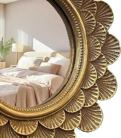 Vintage Vanity Makeup Desk Mirror，Antique Traditional Roundness Table Mirror Vintage Gold， for Dressing Table,Bedroom, Bathroom,Tabletop,Antique, 6.7" x 6.7"