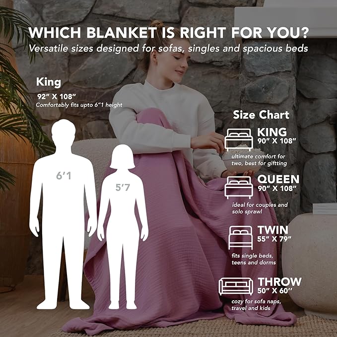 Goqan Throw Blanket 55x60 – 100% Turkish Cotton 4 Layer Boho Muslin Blanket for Adults, Four Season Blanket Lightweight and Thin, Soft, Breathable for Bed, Couch, Picnic - Pink