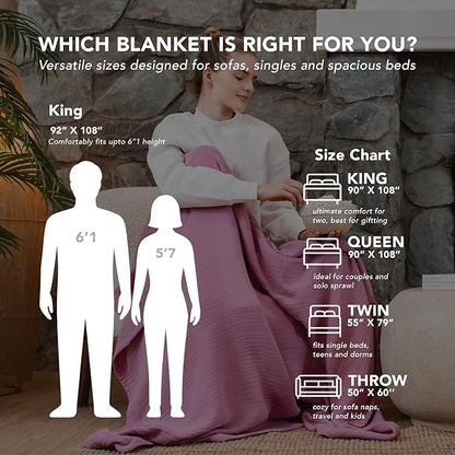 Goqan Muslin Blanket King Size 90x108 – 100% Turkish Cotton 4 Layer Boho Muslin Blanket for Adults, Four Season, Lightweight and Thin, Soft, Breathable for Bed, Couch - Pink