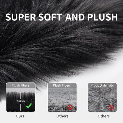Small Faux Fur Rug, 2x4 ft Ultra Soft Sheepskin Rug Chair Sofa Cover Seat Pad, Black Fluffy Shag Rug for Bedroom Nursery Kids Room, Luxury Shaggy Rugs Fuzzy Plush Floor Carpets, Cute Dorm Home Decor