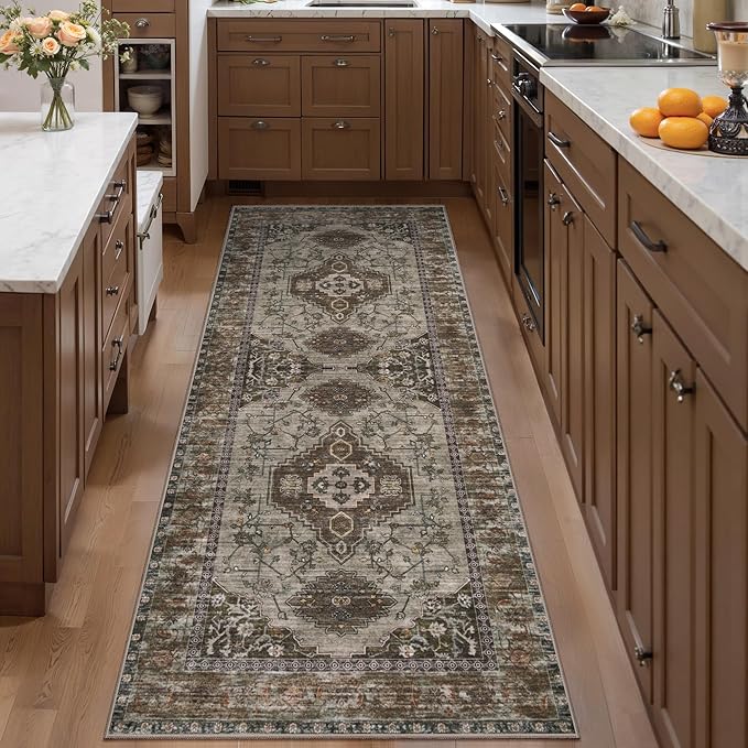 Tangsoo 2x6 Washable Runner Rug for Hallways, Non Slip Vintage Runner Rug, Soft Low Pile Long Rug Runner, Print Distressed Carpet Runners for Kitchen Bedroom Entryway Bathroom Living Room Grey