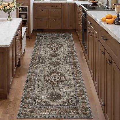 Tangsoo 2.6x10 Washable Hallway Runner Rug, Non Slip Vintage Runner Rug for Hallways, Soft Low Pile Long Rug Runner, Print Distressed Carpet Runners for Kitchen Bedroom Entryway Living Room Grey