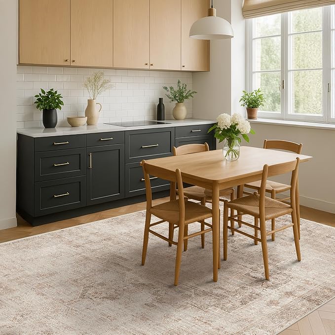 Neutral Farmhouse Area Rug for Bedroom - 6x8 Washable Rug for Dining Room Table, Ultra-Thin Soft Textured Boho Indoor Decor, Fade & Stain Resistant