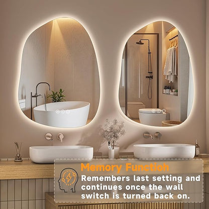 Hasipu Irregular Wall Mirror with Lights- 25"x19"Smart Vanity Mirror with Anti-Fog, 3 Color Modes,Dimmable Light, Memory Function, Backlit Wall Mount, Horizontal/Vertical