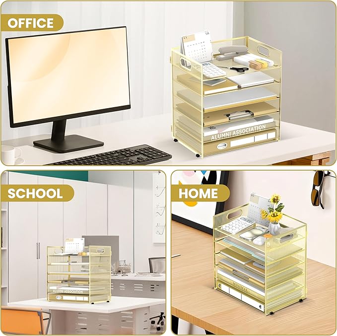 Daltack 6 Tier Paper Organizer for Desk, Paper Letter Tray Organizer for Desks, Mesh Desk File Organizers with Handle for Office, Home, School, Gold, 2 Pack