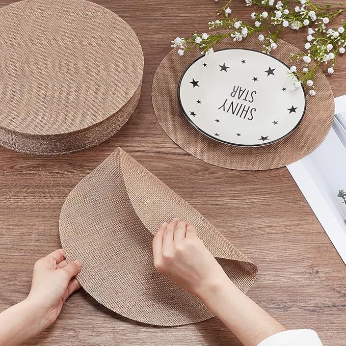 52pcs Round Burlap Placemats 12 Inch Reusable Woven Placemats Heat Resistance Natural Jute Boho Rustic Farmhouse Holiday Table Mats for Dining Tables Parties Restaurants Indoor Outdoor