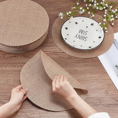 52pcs Round Burlap Placemats 12 Inch Reusable Woven Placemats Heat Resistance Natural Jute Boho Rustic Farmhouse Holiday Table Mats for Dining Tables Parties Restaurants Indoor Outdoor