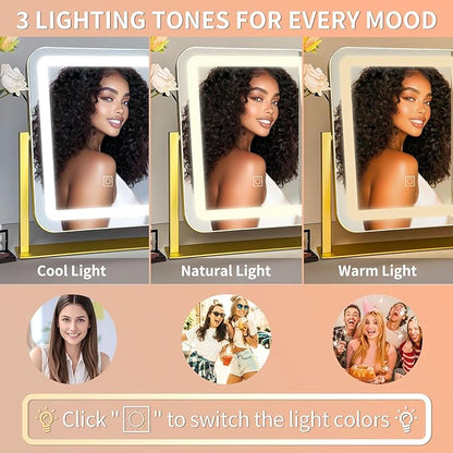 HNV 15"x13" Gold Vanity Mirror with Lights, Small LED Makeup Mirror for Desk, 3 Color Modes & Dimmable Touch Control, 360° Rotation Metal Frame, USB Plug-in Lighted Mirror for Bedroom, Dorm, Teen Gift