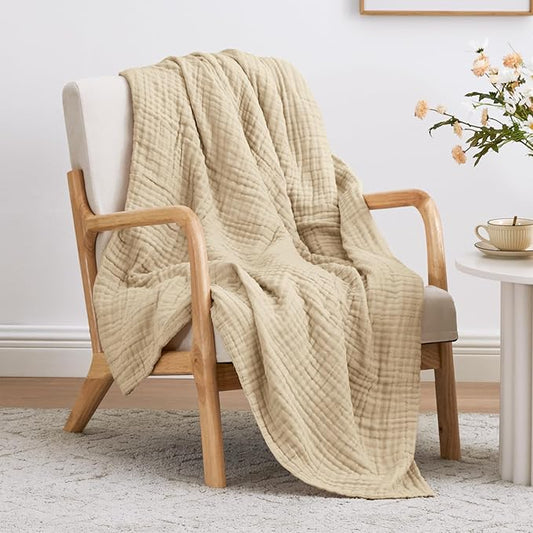 Love's cabin 6 Layer 100% Cotton Muslin Blanket, 50"x60" Throw Muslin Blanket for Couch Bed, Lightweight and Breathable Cotton Gauze for Adult, Khaki