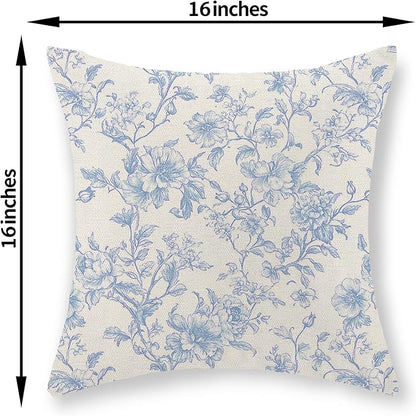 Baby Blue Pillow Covers 16x16 Set of 2 Blue and Cream Floral Chinoiserie Throw Pillows Vintage Rustic Toile Flower Decorative Pillowcase Outdoor Chinoiserie Decor Cushion Case for Couch Sofa