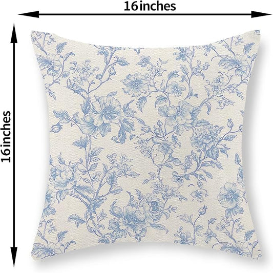 Baby Blue Pillow Covers 16x16 Set of 2 Blue and Cream Floral Chinoiserie Throw Pillows Vintage Rustic Toile Flower Decorative Pillowcase Outdoor Chinoiserie Decor Cushion Case for Couch Sofa