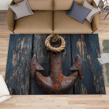 Nautical Anchor 2x3 Area Rugs,Distressed Wood Bedroom Rug Nautical Style Non-Slip Washable Rug for Living Room Nursery Kitchen Low-Pile Carpet