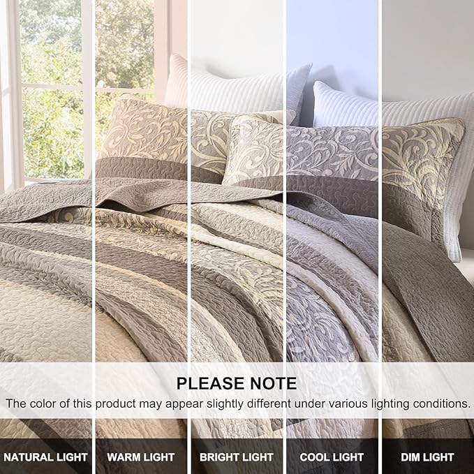 Lightweight King Bedspreads 128x120, 100% Cotton Oversized Quilt, Striped Botanical Pattern Coverlet, Reversible Farmhouse Quilted Bedding Set 3 Piece, Brown/Taupe/Cream