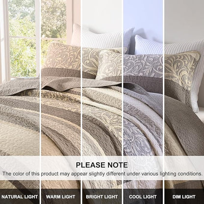 Lightweight King Bedspreads 128x120, 100% Cotton Oversized Quilt, Striped Botanical Pattern Coverlet, Reversible Farmhouse Quilted Bedding Set 3 Piece, Brown/Taupe/Cream