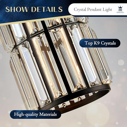 Black Crystal Pendant Light for Kitchen Island, Modern Mini Hanging Light Fixture with Adjustable Cord, 1-Light Farmhouse Pendant Lighting for Dining Room, Bedroom, Hallway, Bar
