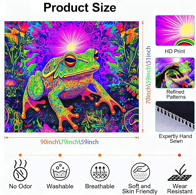 seewan Black Light Frog Tapestry, Glow-in-the-Dark UV Neon Psychedelic Toad with Sunlight Tapestry, Psychedelic Abstract Natural Animal Art Tapestry, Bedroom Dorm Living Room Background Decor