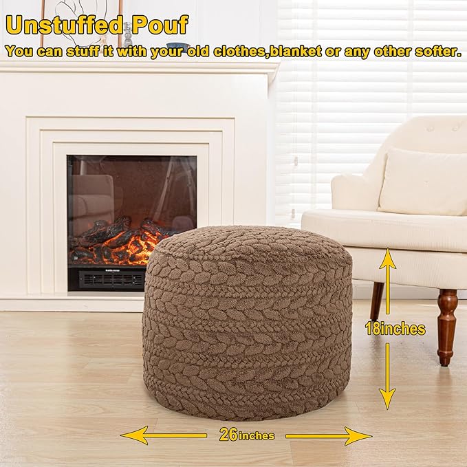 Unstuffed Ottoman Pouf Cover – Round Faux Fur Footstool Plush Floor Pouf (No Filler Included) Perfect for Living Room, Bedroom, or Office Lounge (Coffee, 26x26x18 in)