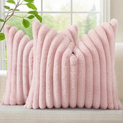 decorUhome Faux Fur Spring Throw Pillow Covers 20x20 Set of 2, Decorative Soft Plush Striped Neutral Couch Pillow Covers with Velvet Back for Sofa, Bed, Living Room Home, Pink