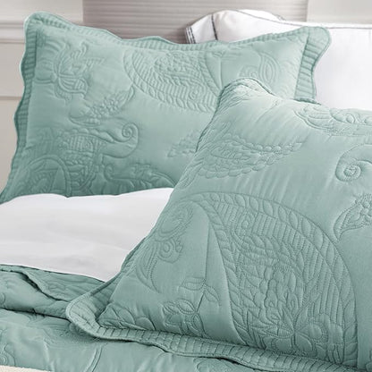 HZ & HY Queen Size Bedspread, Quilted Coverlet Bedding Set, Lightweight Thin Comforter, Reversible, Luxurious, 5 Piece, 100% Microfiber, Queen, Aqua Sky