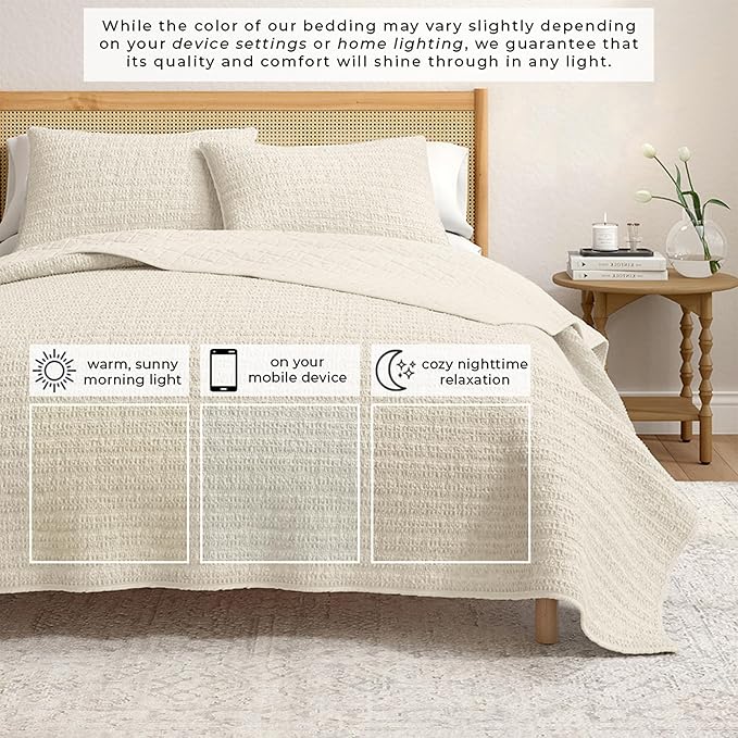 Great Bay Home Full/Queen Size Taupe 100% Cotton Honeycomb Waffle Quilt and Sham Set - Garment Washed, Waffle Weave Like Texture, Lightweight 3-Piece Bedding Set (Natural)