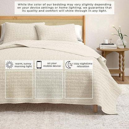 Great Bay Home Full/Queen Size Taupe 100% Cotton Honeycomb Waffle Quilt and Sham Set - Garment Washed, Waffle Weave Like Texture, Lightweight 3-Piece Bedding Set (Natural)