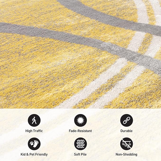 Rugshop Wavy Circles Design Runner Rug, Fade-Resistant Carpet for Hallway, Entryway, or Kitchen, Yellow, 2' x 7'2"