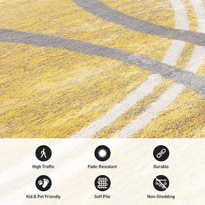 Rugshop Wavy Circles Design Area Rug, Carpet with Jute Backing for Living Room, Bedroom, or Dining Room, Yellow, 5'3" x 7'3"