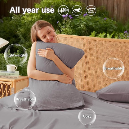 Queen Sheet Set Cotton Bed Sheets Gauze 4 Pcs Grey Queen Sheets Set 16" Deep Pocket Sheet & Pillowcase Sets Boho Muslin Queen Sheets Soft Queen Bedding Sets for All Season