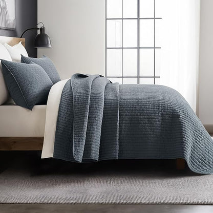 EVERGRACE Cross Stitch Pre-Washed Cotton Quilt Bedding Set Queen Size, Oversized 3 Pieces Lightweight Bedspread Coverlet for All Season, with 2 Matching Shams, Midnight Blue, 92"x96"
