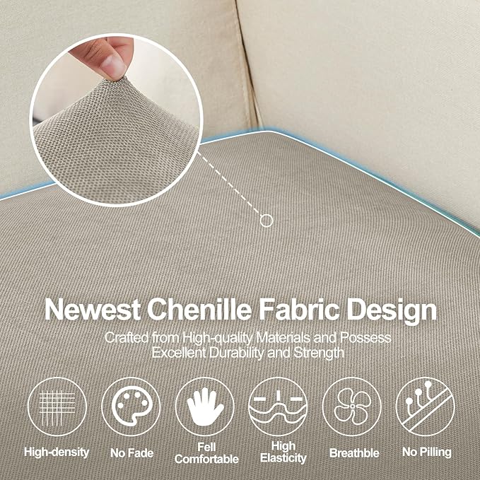 Large Backrest Cushion Cover, Non-Fuzzy Chenille Sofa Covers with Clean Look, Stretch Couch Slipcover for Sectional and L Shaped Sofa Back or Backrest Support (2 Piece, Light Grey)