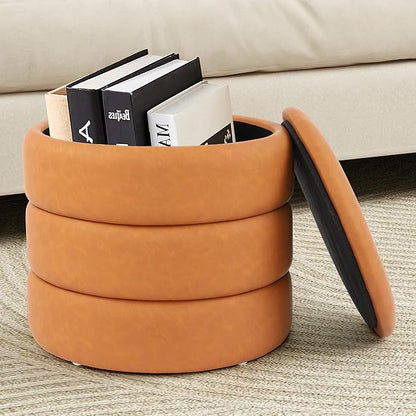DAGONHIL Round Storage Ottoman PU Leather Footrest, Hidden Storage Ottoman Stool, Multi-Functional Coffee Table for Living Room, Bedroom, Entryway, Brown