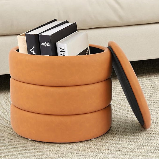 DAGONHIL Round Storage Ottoman PU Leather Footrest, Hidden Storage Ottoman Stool, Multi-Functional Coffee Table for Living Room, Bedroom, Entryway, Brown