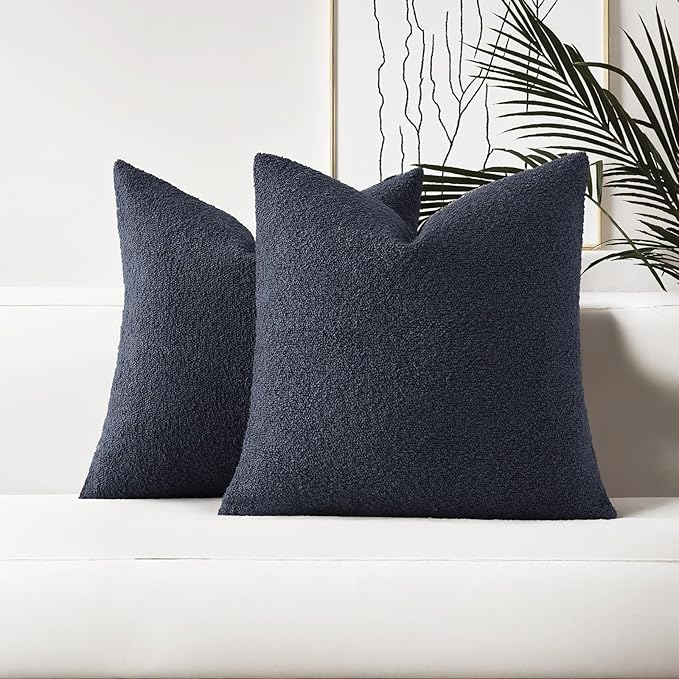 HAUSSY Set of 2 18x18 Decorative Throw Pillow Covers, Soft Cozy Textured Boucle Couch Cases, Home Decor for Couch Bed Living Room, Navy Blue