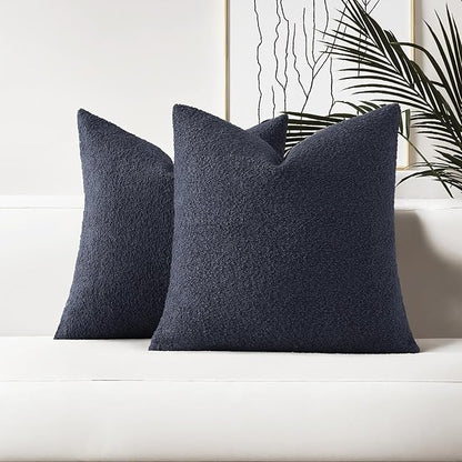 HAUSSY Set of 2 16x16 Decorative Throw Pillow Covers, Soft Cozy Textured Boucle Couch Cases, Home Decor for Couch Bed Living Room, Navy Blue
