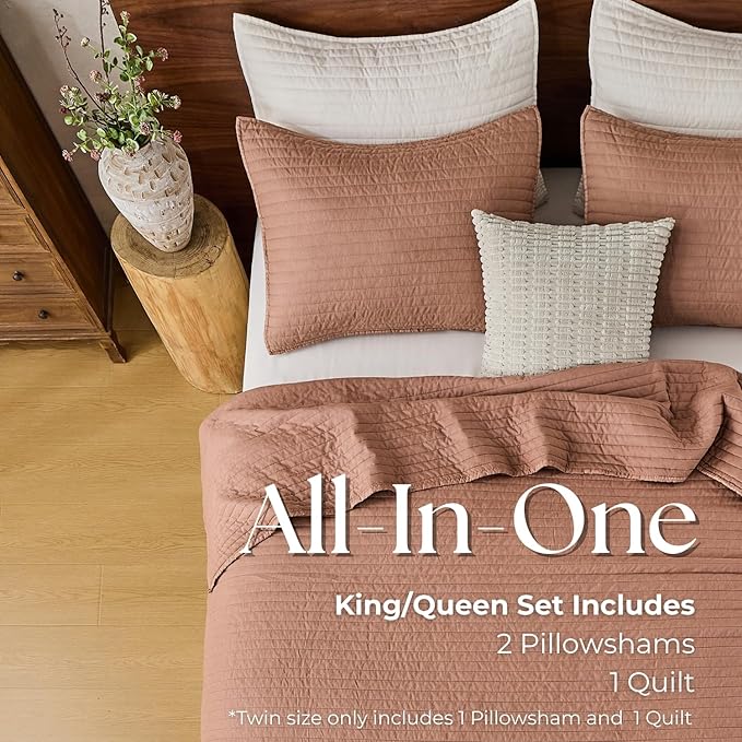 DOWN HOME Queen Quilt Bedding Set with Shams, Vintage Washed Soft Quilted Blanket Thin Comforter Lightweight Bedspread Coverlet Bed Cover, Brushed Microfiber Stripe Stitching, Desert Blush, 86"x90"
