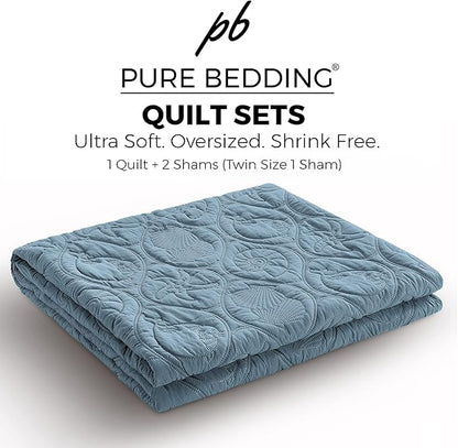 Pure Bedding Quilt Set King/Cal King/California King Size Ash Blue - Oversized Bedspread - Microfiber Coverlet - Includes 1 Quilt and 2 Shams, Ocean Star Pattern
