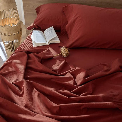 MooMee Bedding Sheet Set 100% Washed Cotton Linen Like Textured Breathable Durable Soft Comfy (Solid Fired Brick Red, Queen)