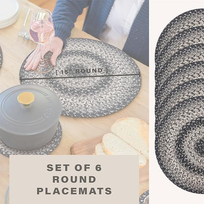 Homespice Flint Hill Jute Woven Round Placemats Set of 6, 15", Warm Primitive Decor, Grey Table Mats - Vibrant Colors, Durable, Easy to Clean and Protects Furniture