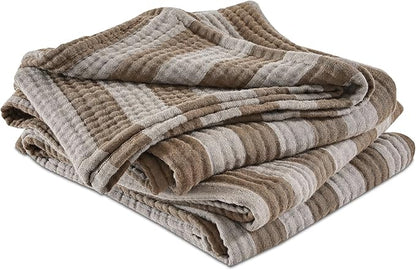 EMME Cotton Muslin Large Throw Blanket Couch Breathable Gauze Soft Lightweight Bed Blankets Adults (Striped Brown, 50"x70")
