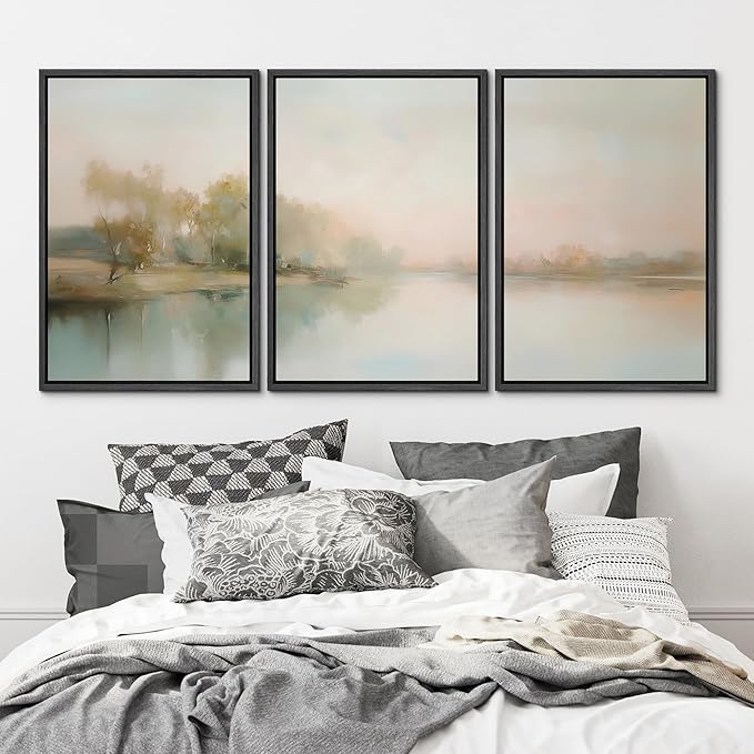 MUDECOR Framed Wall Art Print Set Soft Pastel Landscape Serene Waters and Reflections Illustrations Modern Art Boho Decorative Colorful Chic for Living Room, Bedroom, Office - 24"x36"x3 Black