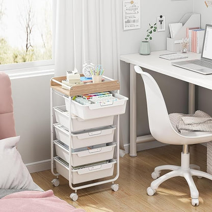 Rolling Storage Utility Cart With 5 Drawers,Craft Cart with Wheels,Makeup Organizer,Art Supply And Storage Wooden Tabletop,White