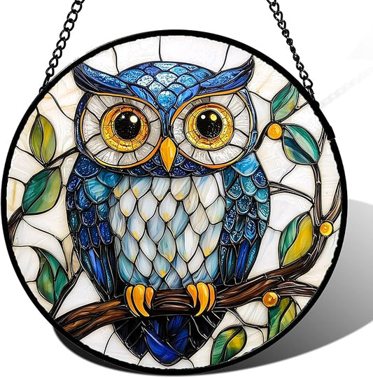 DASTOLL Stained Glass Window Hanging, Owl Gifts for Women Sun Catchers Diamond Glass Panel Hangings Birds Suncatcher Decor for Birthday for Women, Men, Wife, Aunt, and Mom 14.9x14.9 in