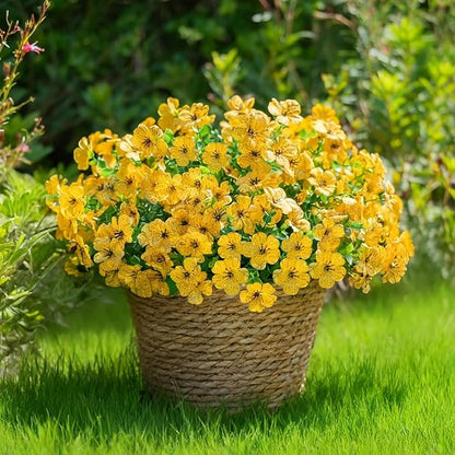 Yellow Fall Artificial Flowers for Outdoors Decorations, 12 Bundles Faux Fall Mums Flowers, UV Resistant Realistic Silk Daisy with Eucalyptus for Home Decor Garden Planters Patio Yard Balcony