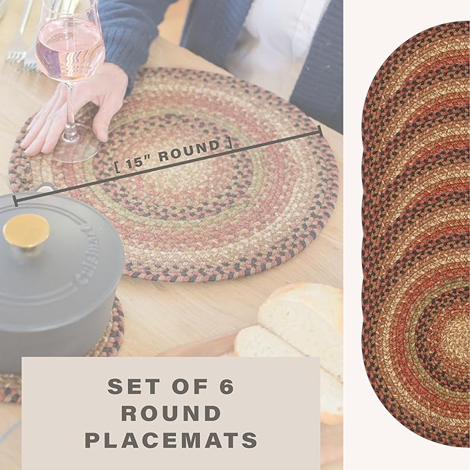Homespice Gingerbread Jute Woven Round Placemats Set of 6, 15", Warm Country Decor, Brown Table Mats - Vibrant Colors, Durable, Easy to Clean and Protects Furniture