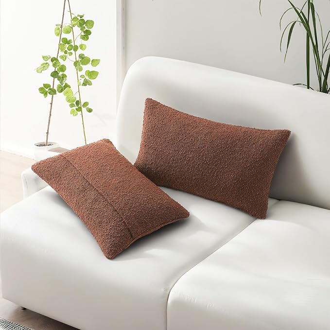 HAUSSY Set of 2 12x20 Decorative Throw Pillow Covers, Soft Cozy Textured Boucle Lumbar Pillow Cases, Home Decor for Couch Bed Living Room, Rust
